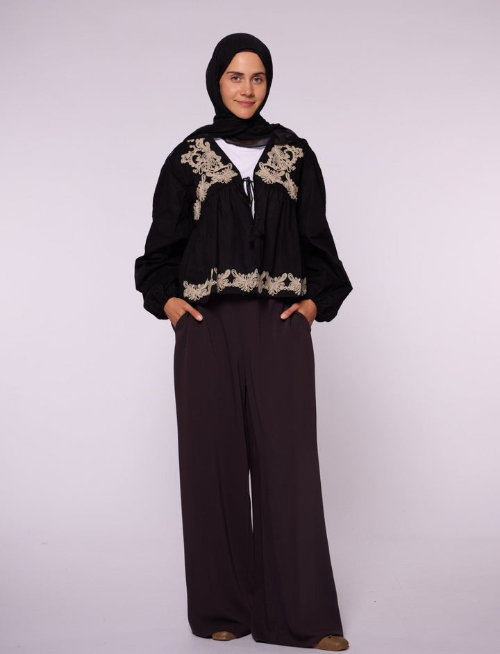 İşlemeli Bağcık Detaylı Keten Görünümlü Ceket ABACI Online Türkiye