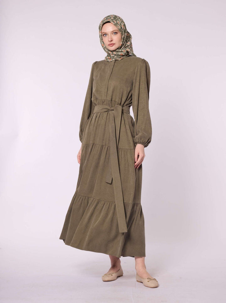 Kemer Detaylı Pileli Uzun Kadın Elbise Abacı Giyim