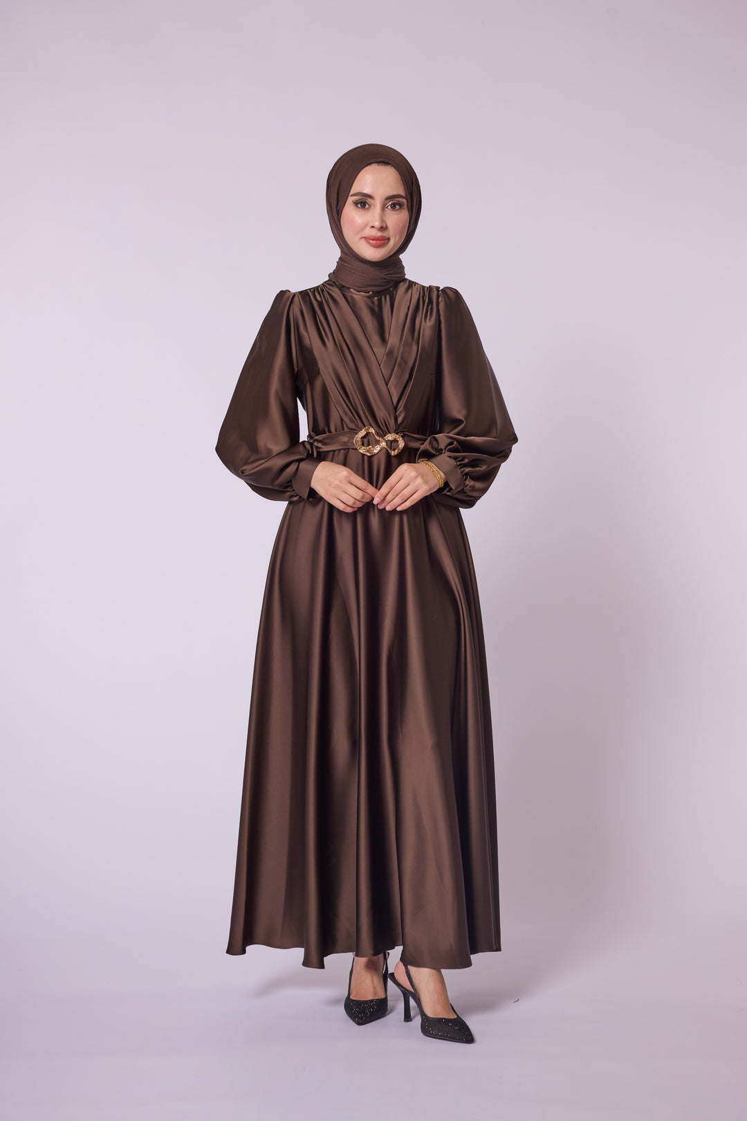 Altın Tokalı Siyah Uzun Elbise – Model Abacı Giyim