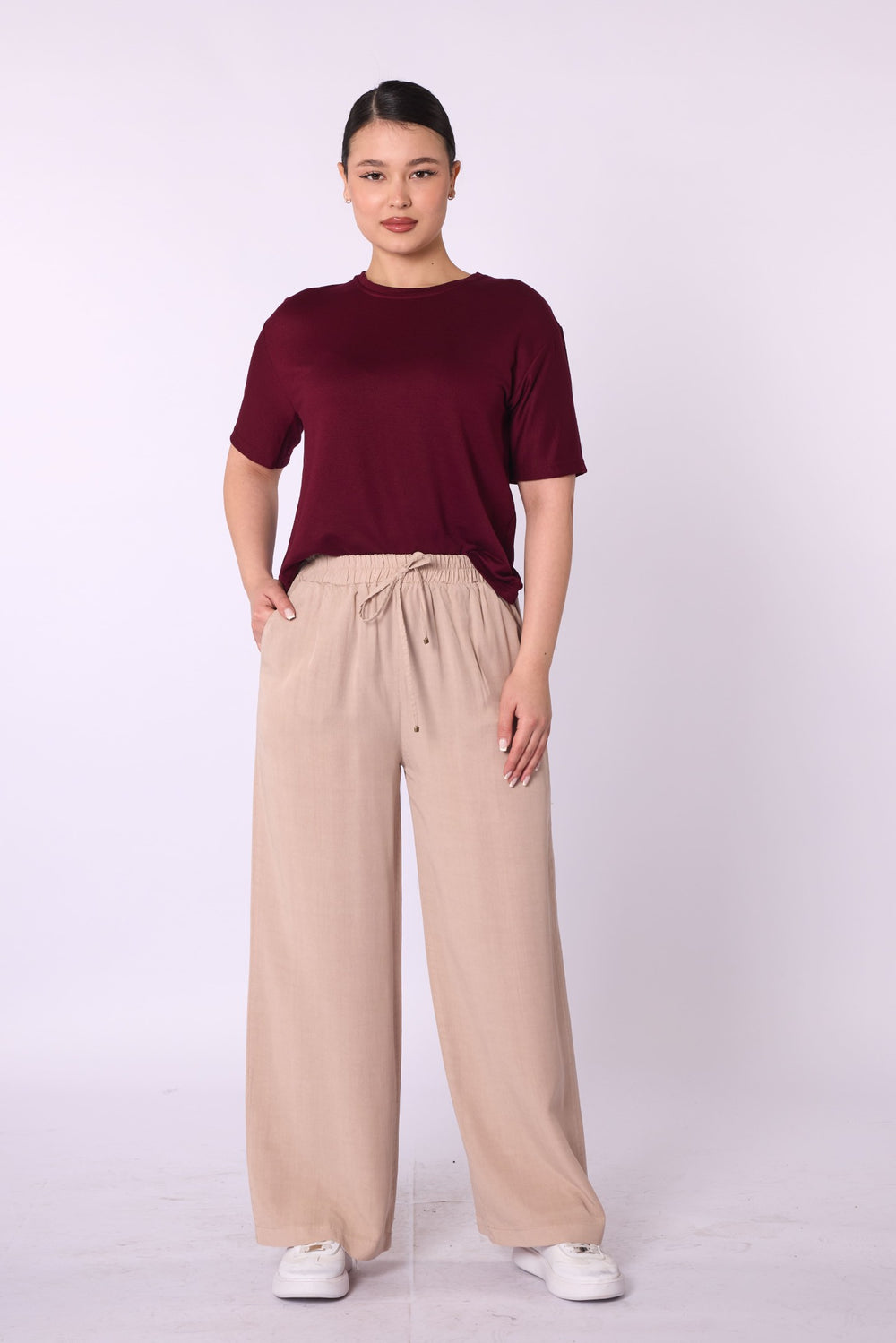 Tencel Kumaş Beli Lastikli Bol Paça Düz Pantolon ABACI Online Türkiye