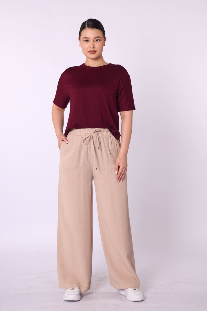Tencel Kumaş Beli Lastikli Bol Paça Düz Pantolon ABACI Online Türkiye
