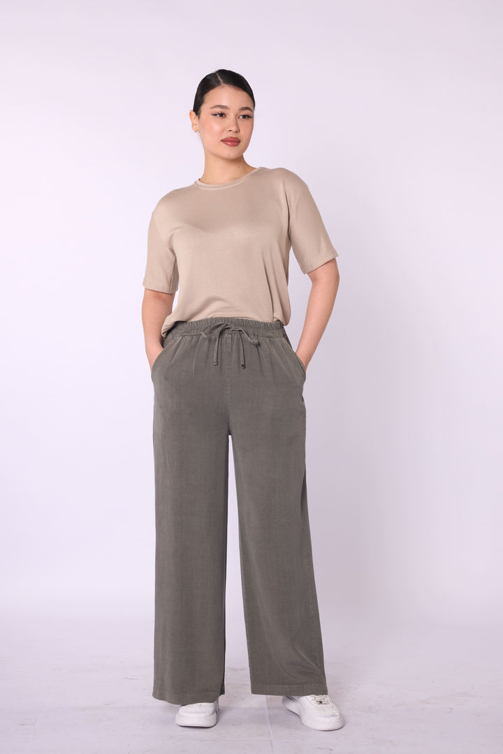 Tencel Kumaş Beli Lastikli Bol Paça Düz Pantolon ABACI Online Türkiye
