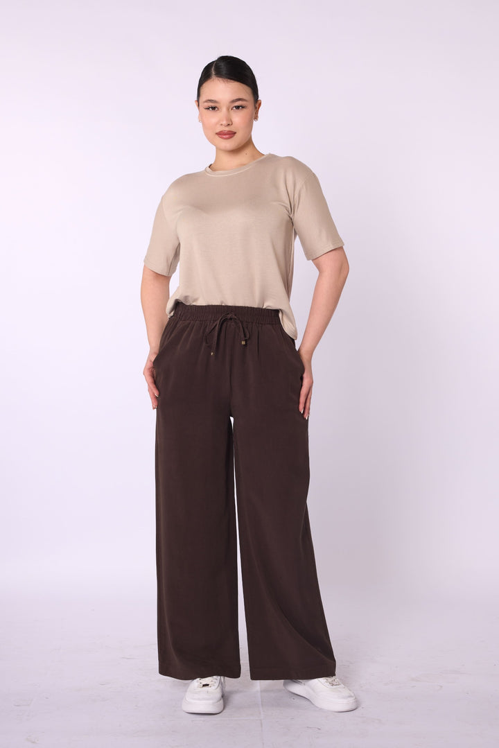 Tencel Kumaş Beli Lastikli Bol Paça Düz Pantolon ABACI Online Türkiye