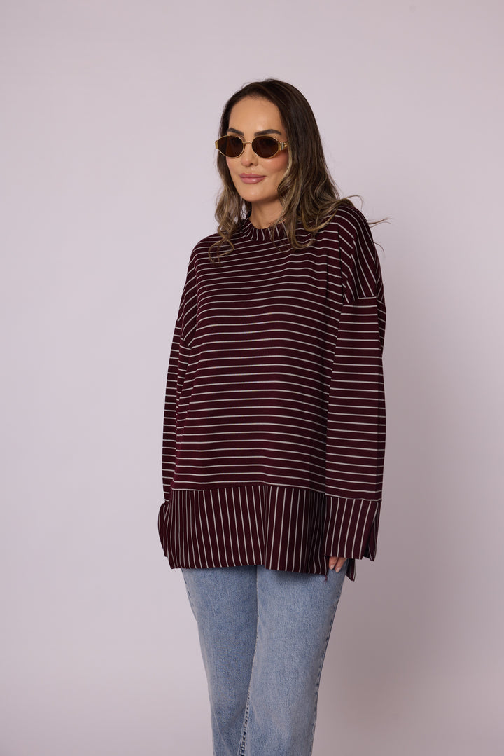 Çizgi Desenli Katman Detaylı Oversize Tunik