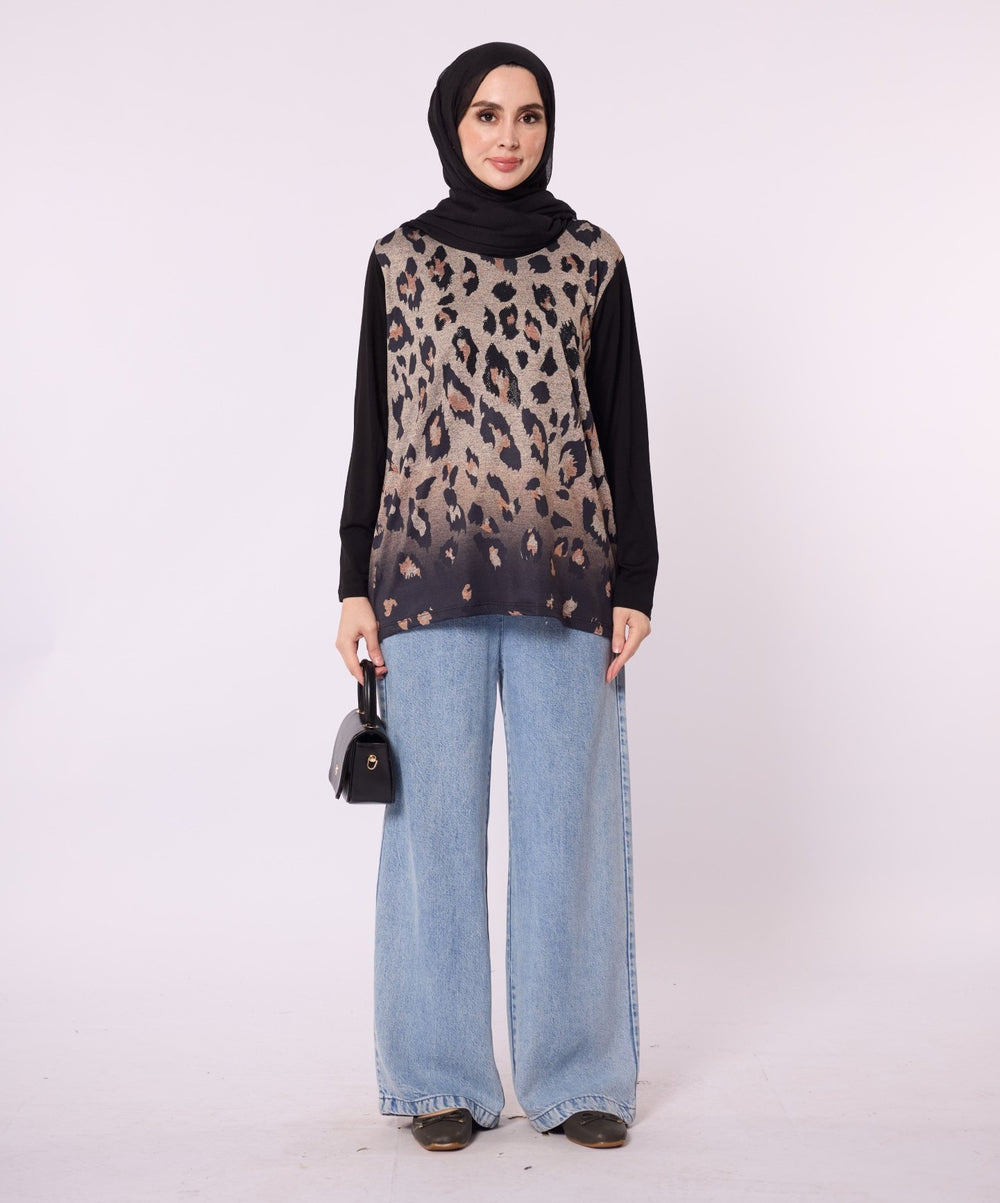 Leopar Baskılı Taş Detaylı Bluz