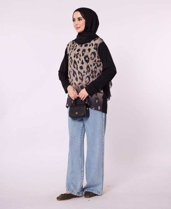 Leopar Baskılı Taş Detaylı Bluz