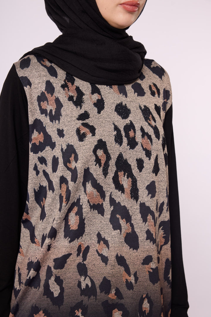 Leopar Baskılı Taş Detaylı Bluz
