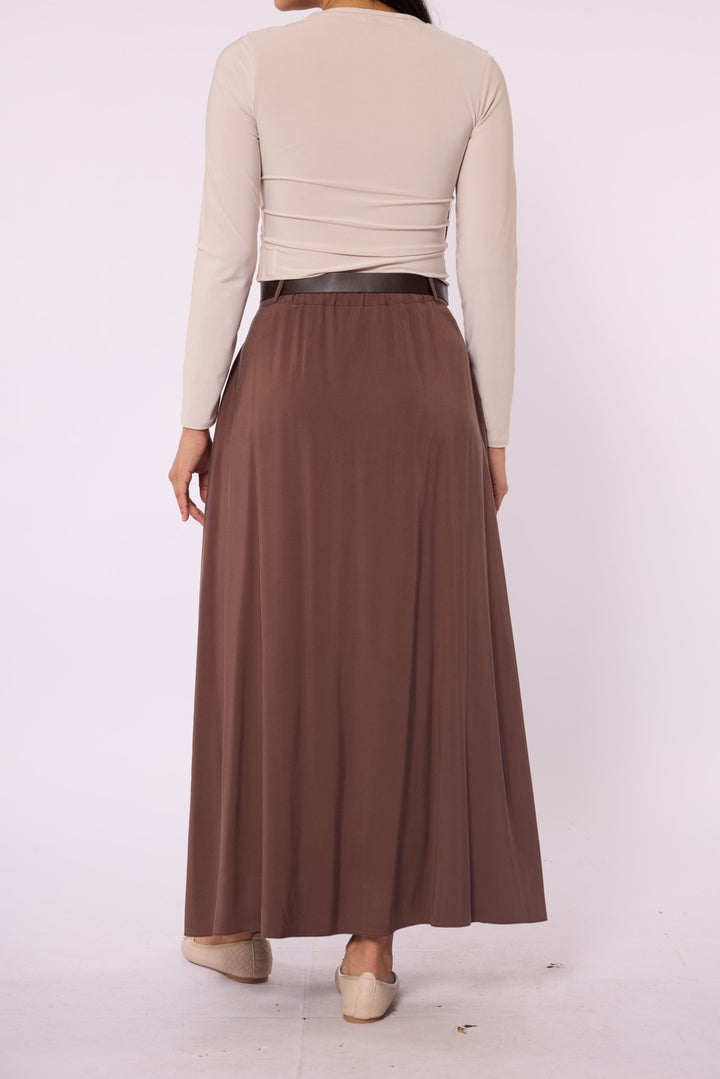 Kemerli Pile Detaylı Tencel Kumaş Uzun Etek