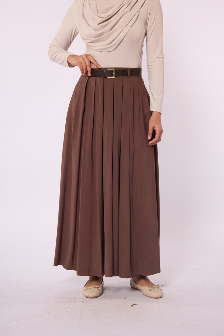 Kemerli Pile Detaylı Tencel Kumaş Uzun Etek