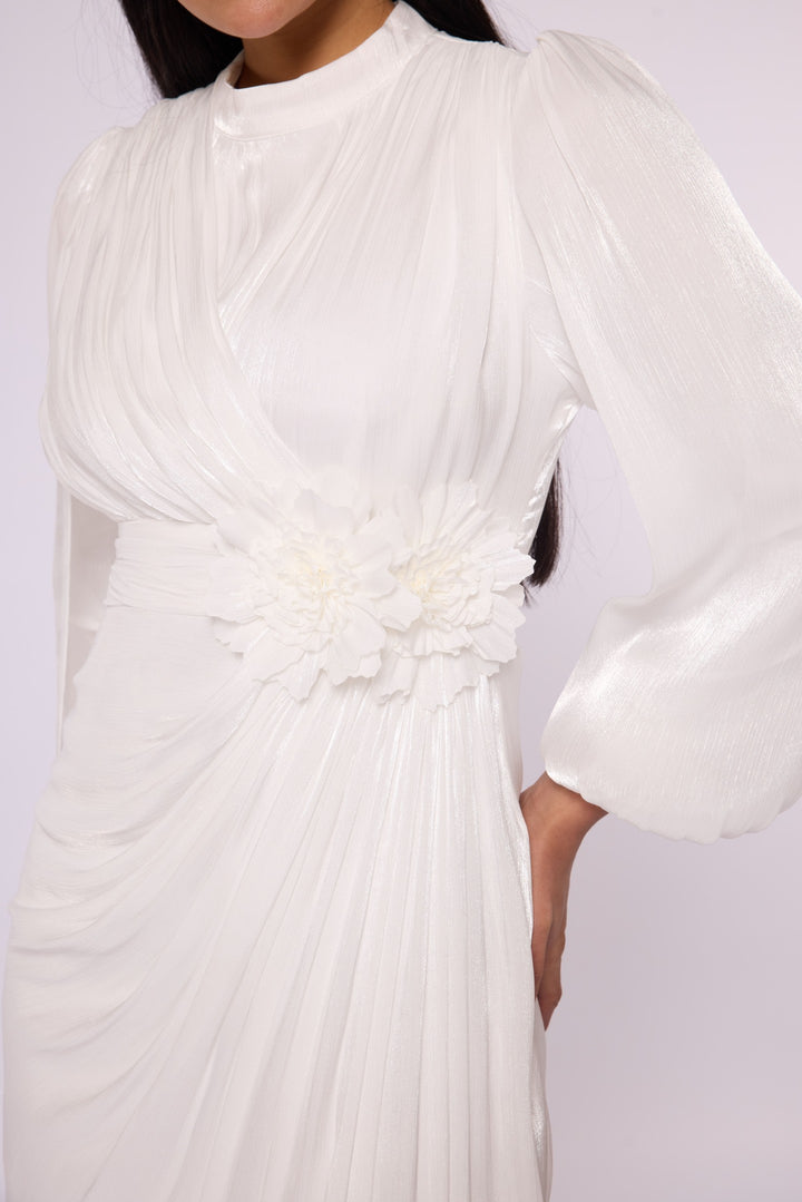 Drapeli Balon Kol Çiçek Detaylı Abiye