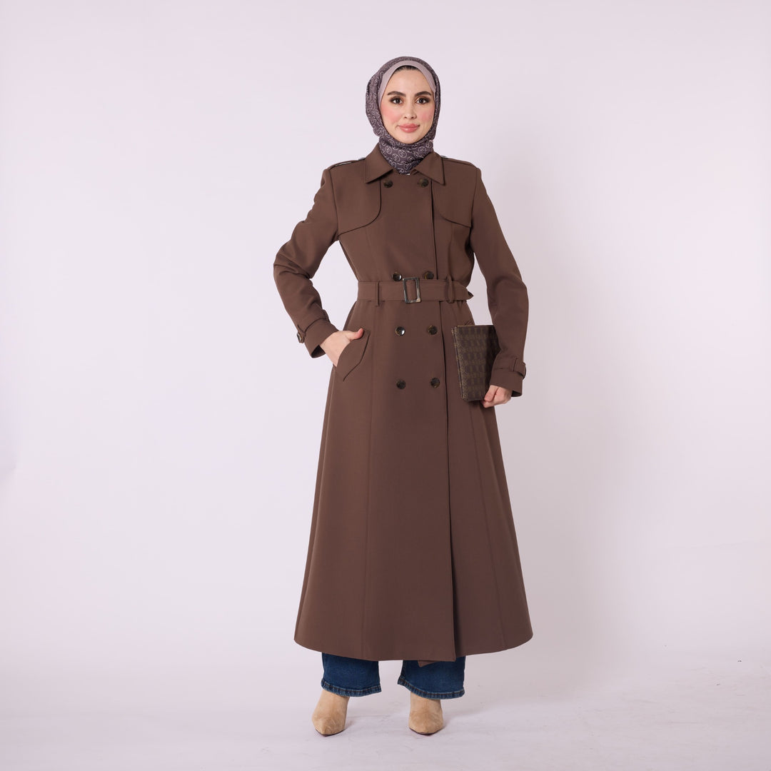 Apolet ve Kemer Detaylı V Yaka Astarlı Trençkot