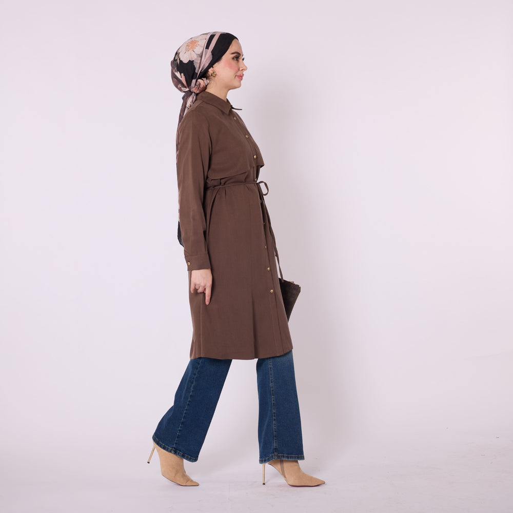 Polo Yaka Bel Bağcıklı Pelerin Detaylı Tunik