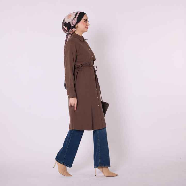 Polo Yaka Bel Bağcıklı Pelerin Detaylı Tunik