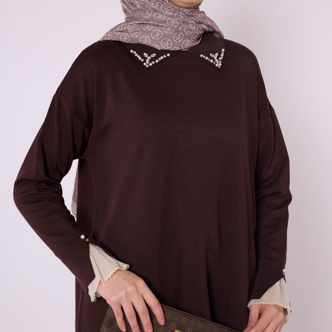 Polo Yaka Taş Detaylı Triko Tunik
