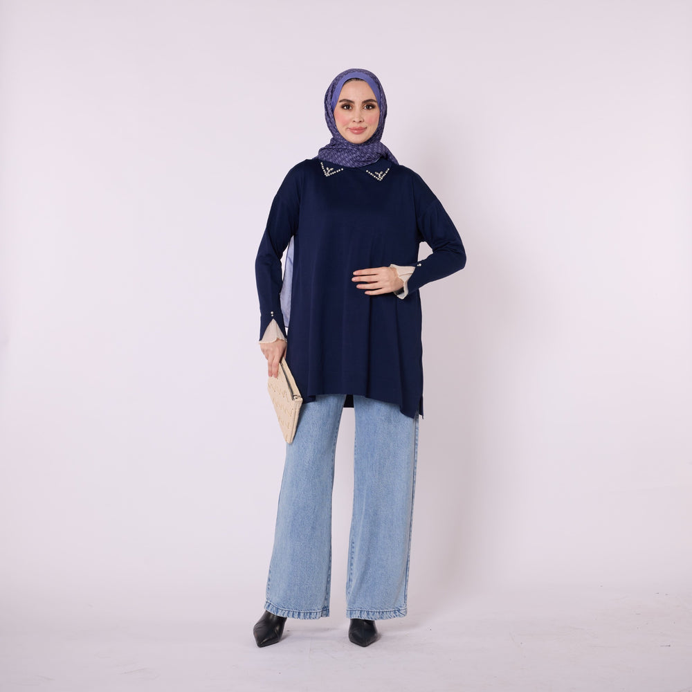 Polo Yaka Taş Detaylı Triko Tunik