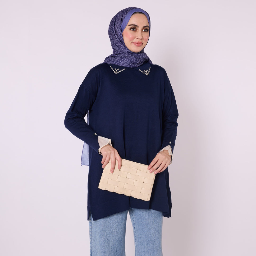 Polo Yaka Taş Detaylı Triko Tunik