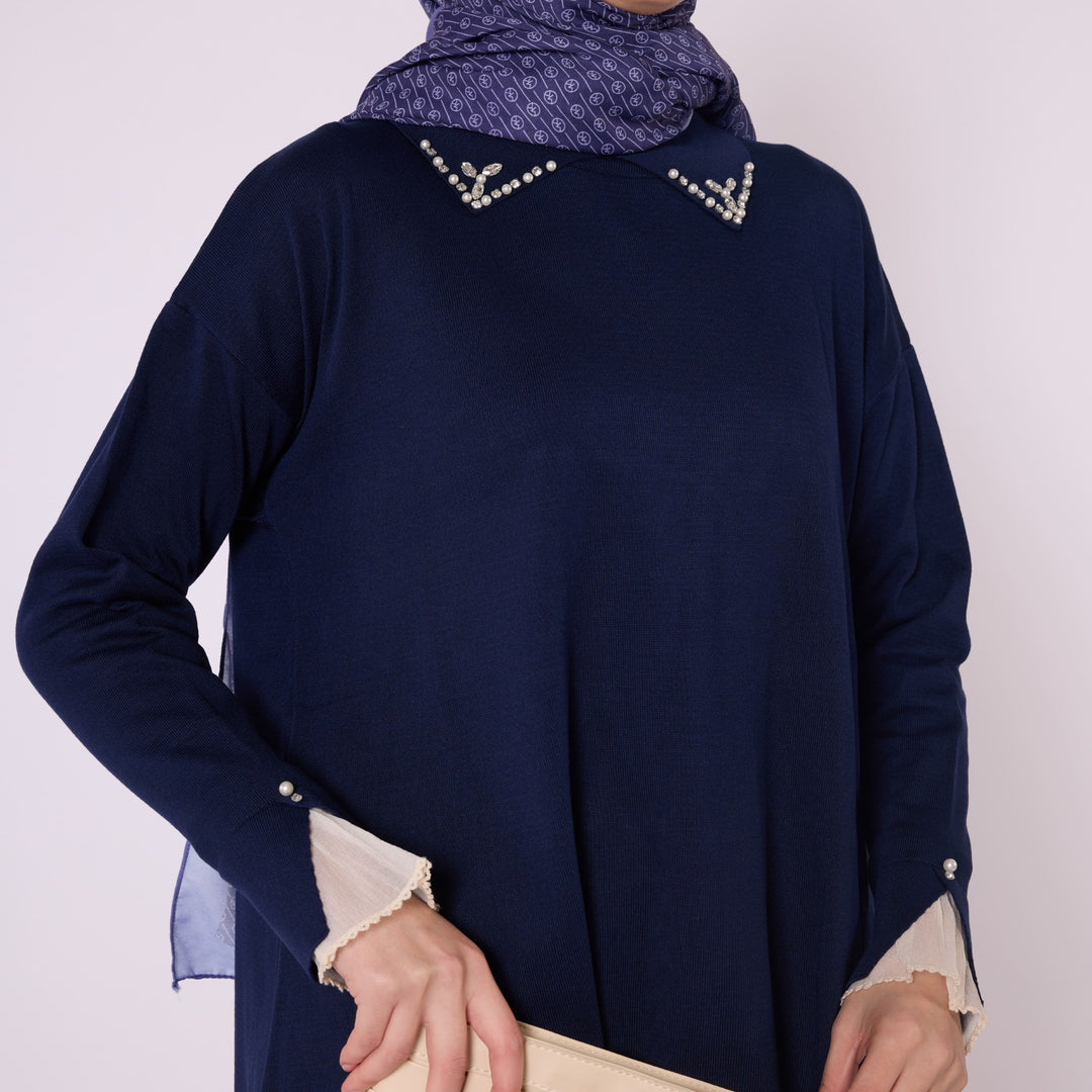 Polo Yaka Taş Detaylı Triko Tunik