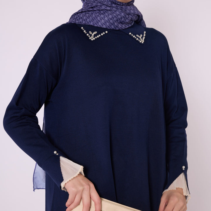 Polo Yaka Taş Detaylı Triko Tunik