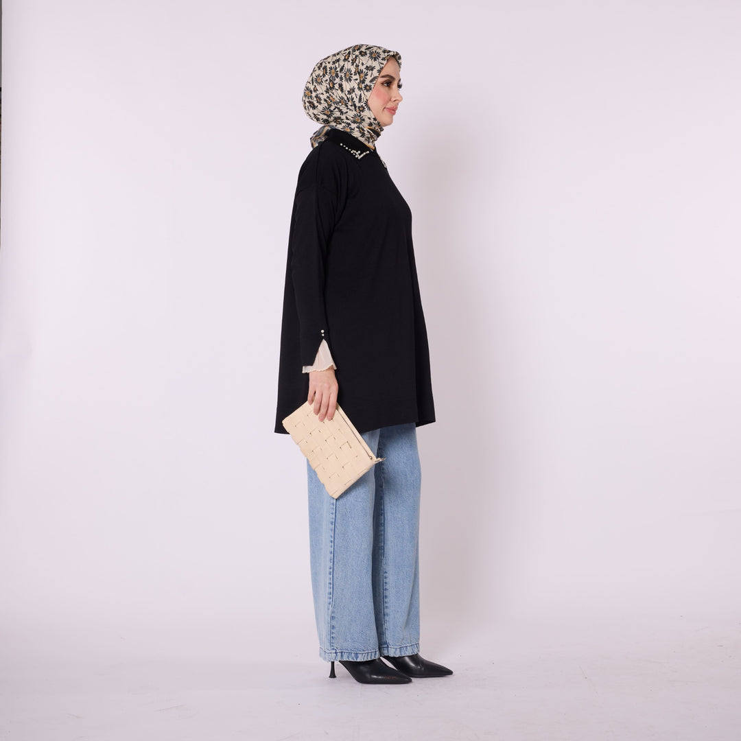 Polo Yaka Taş Detaylı Triko Tunik