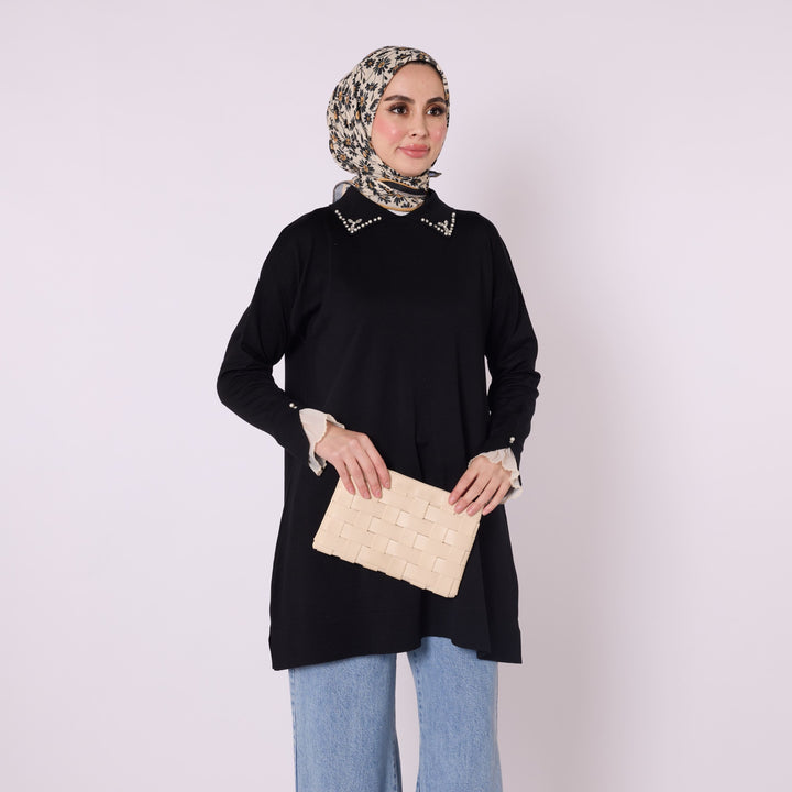 Polo Yaka Taş Detaylı Triko Tunik