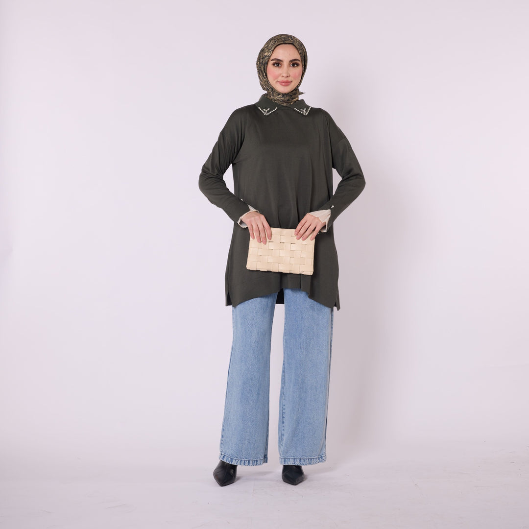 Polo Yaka Taş Detaylı Triko Tunik