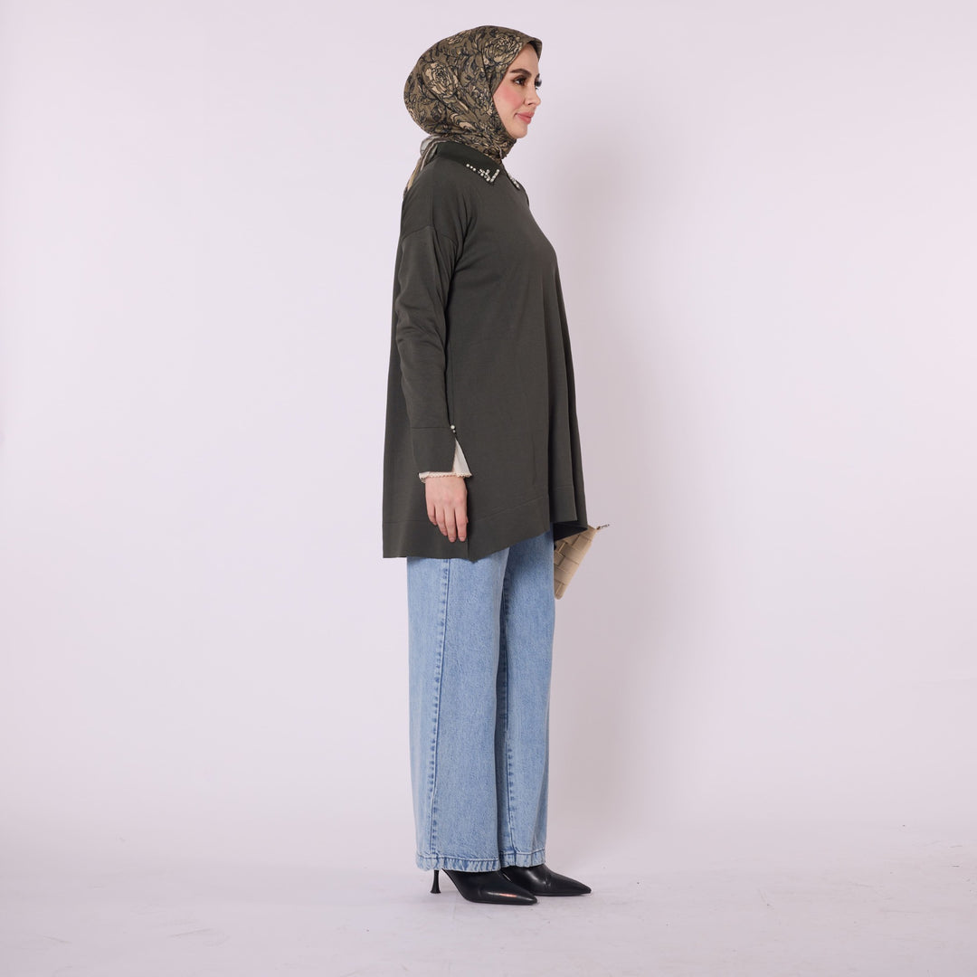 Polo Yaka Taş Detaylı Triko Tunik
