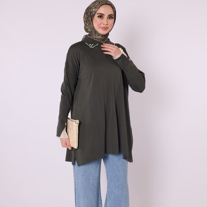 Polo Yaka Taş Detaylı Triko Tunik