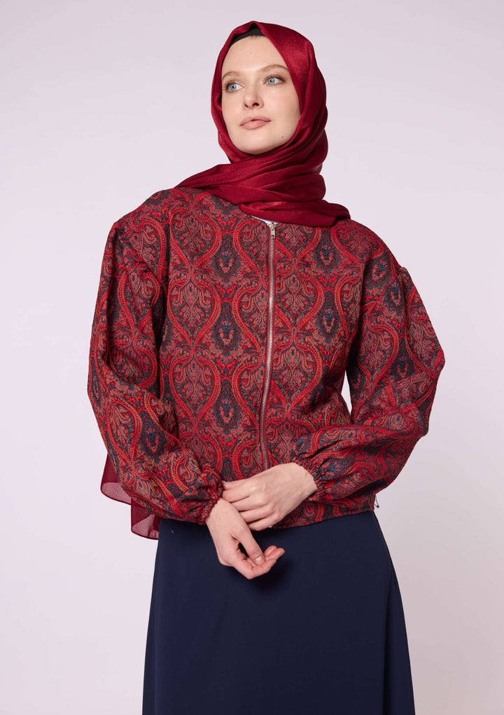 Şal Desenli Fermuarlı Ceket