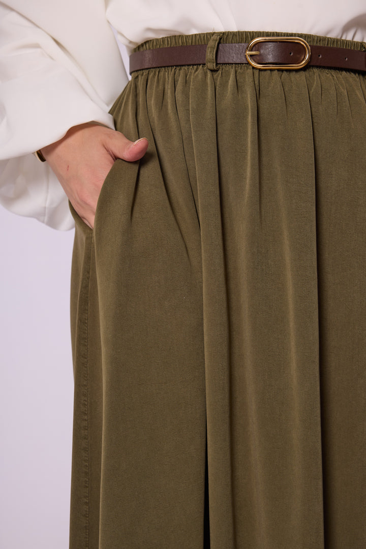 Kemer Detaylı Beli Lastikli Tencel Etek