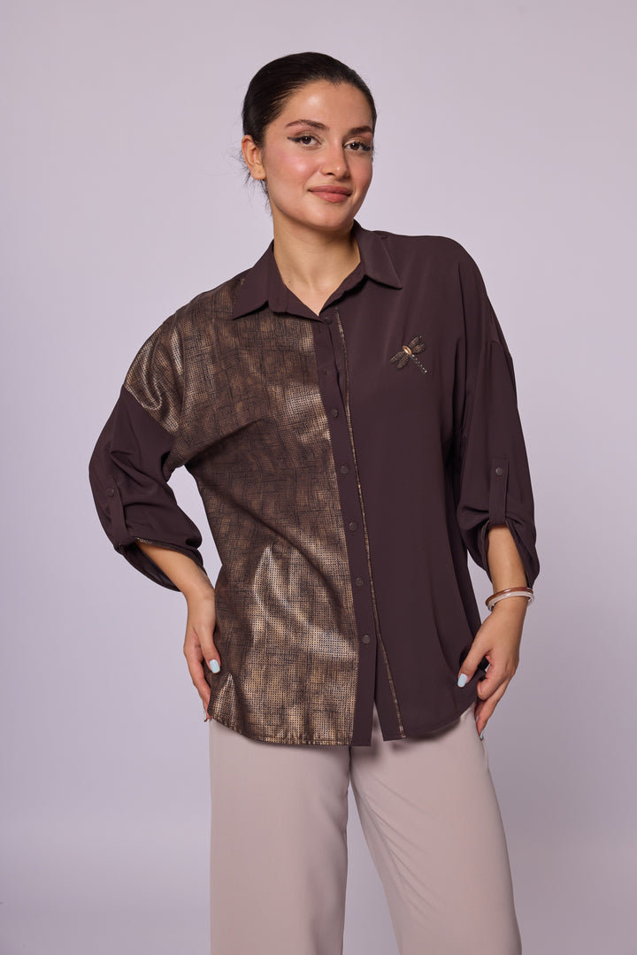 Asimetrik Parlak Dokulu Gömlek Bluz Abacı Giyim