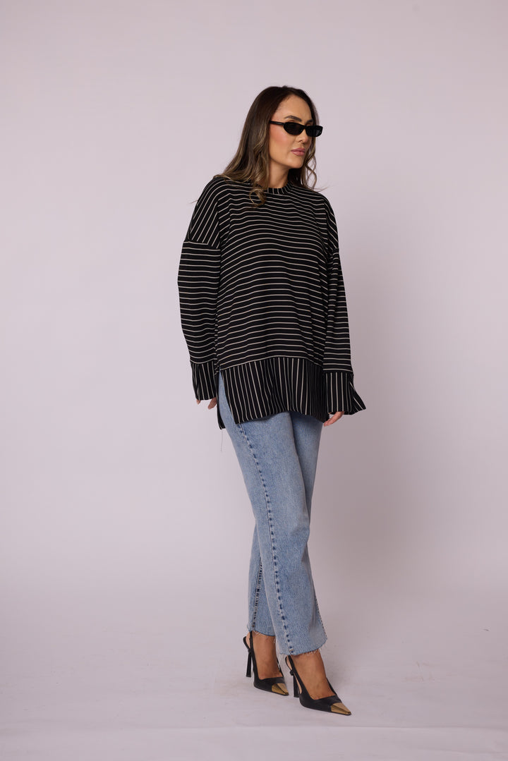 Çizgi Desenli Katman Detaylı Oversize Tunik