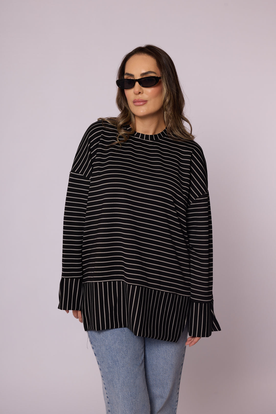 Çizgi Desenli Katman Detaylı Oversize Tunik