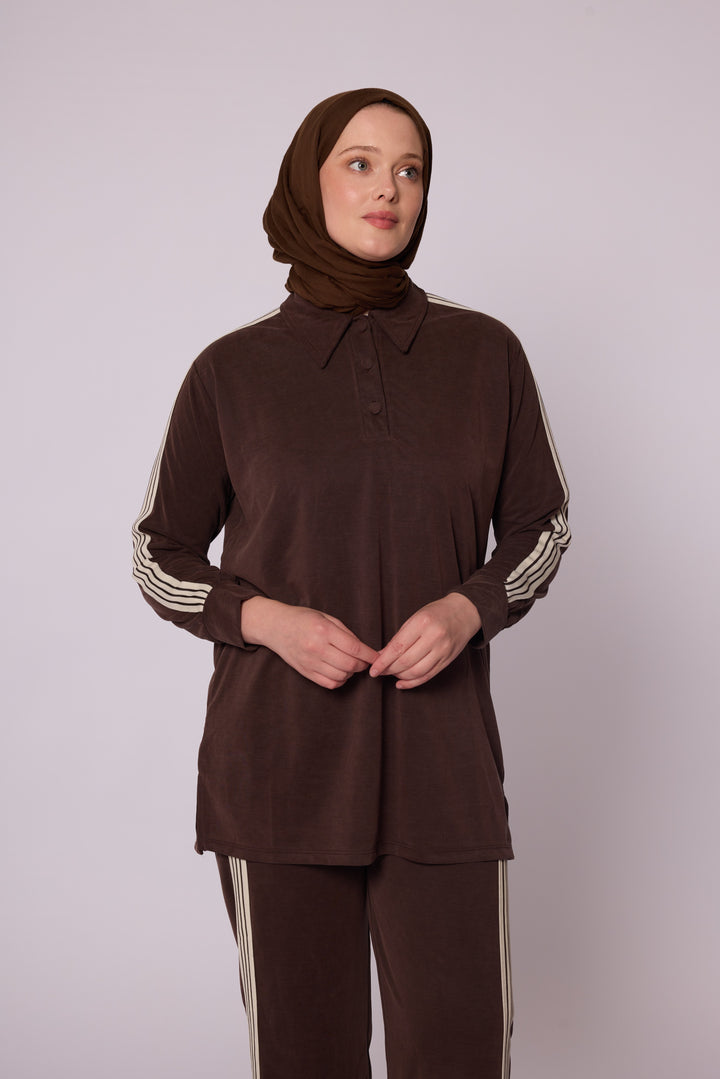 Polo Yaka Şerit Detaylı Rahat Kesim Kadın Takım Abacı Giyim