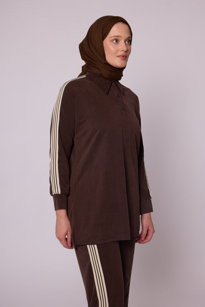 Polo Yaka Şerit Detaylı Rahat Kesim Kadın Takım Abacı Giyim