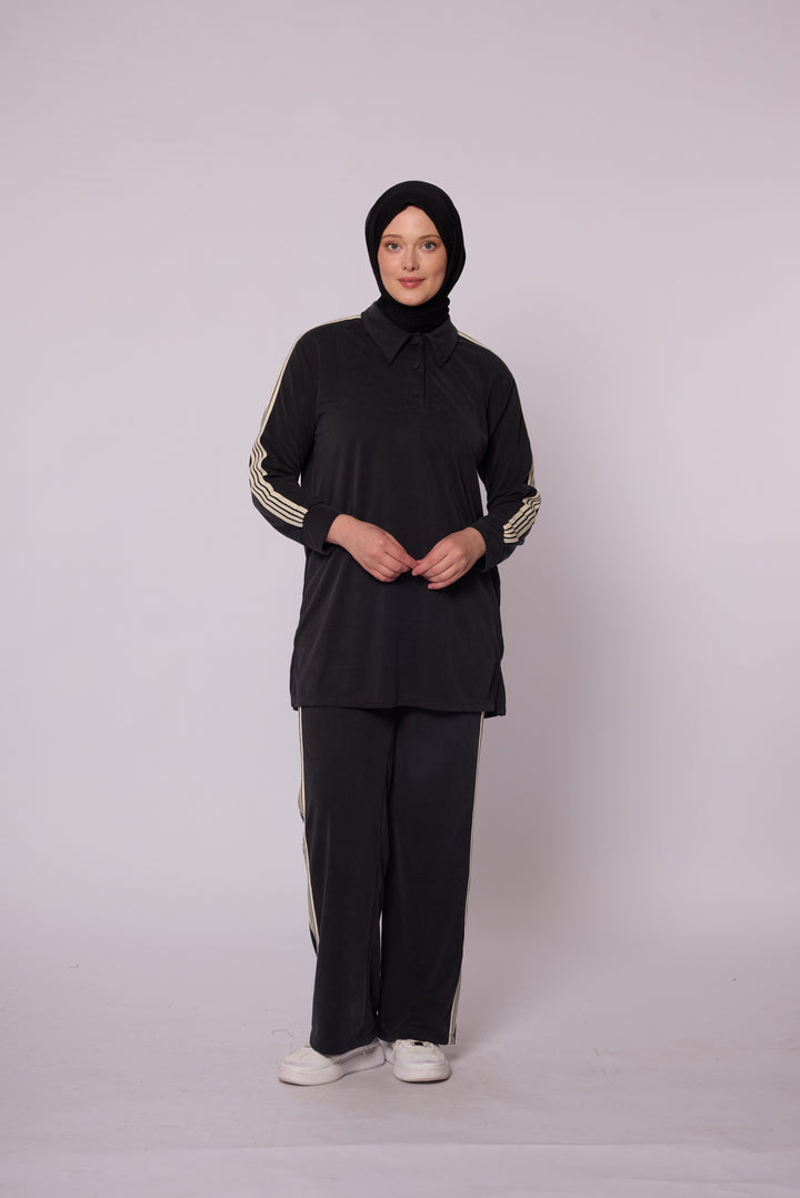 Polo Yaka Şerit Detaylı Rahat Kesim Kadın Takım Abacı Giyim