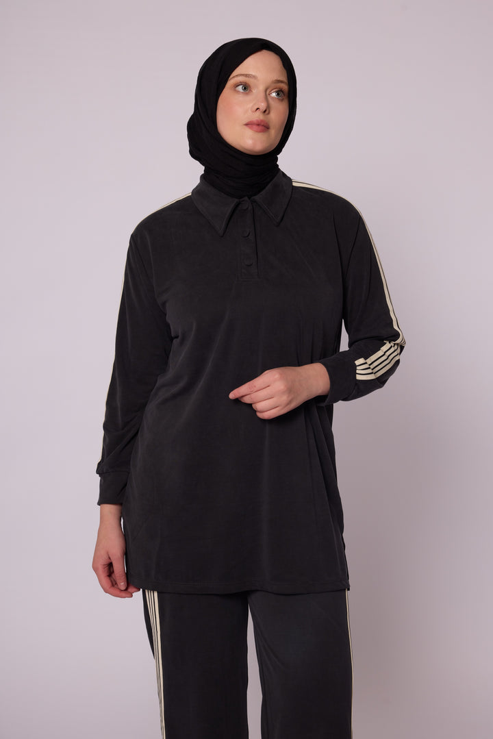 Polo Yaka Şerit Detaylı Rahat Kesim Kadın Takım Abacı Giyim