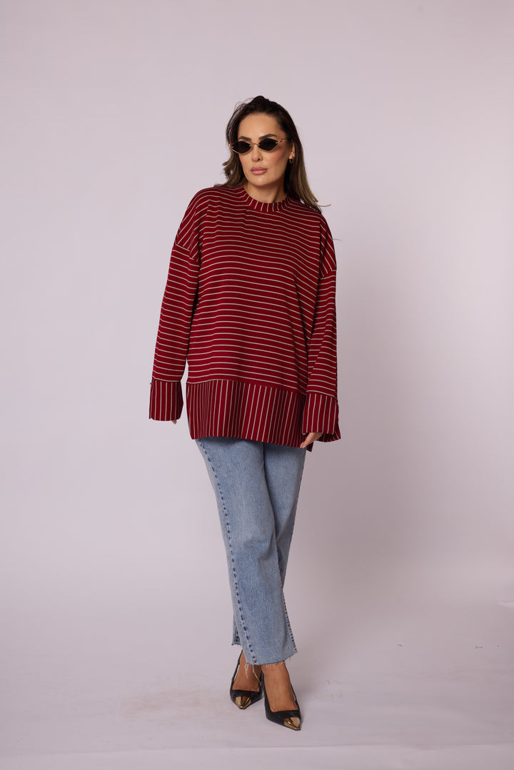 Çizgi Desenli Katman Detaylı Oversize Tunik Abacı Giyim