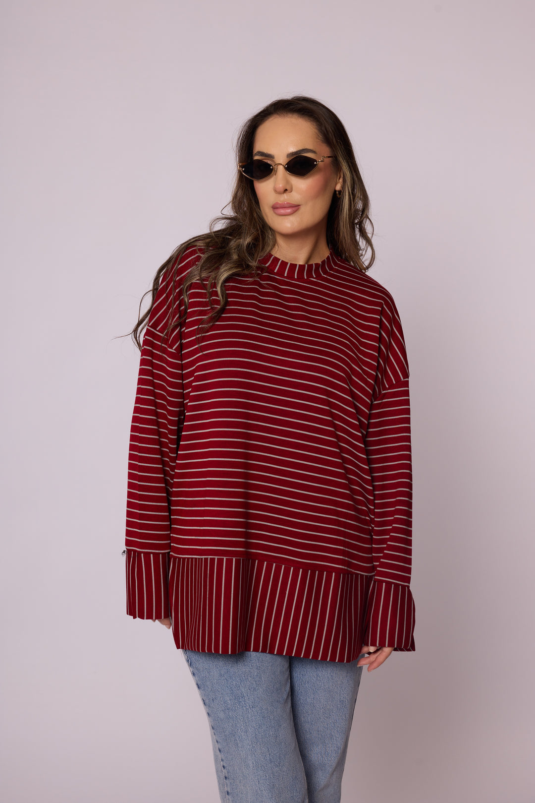 Çizgi Desenli Katman Detaylı Oversize Tunik Abacı Giyim