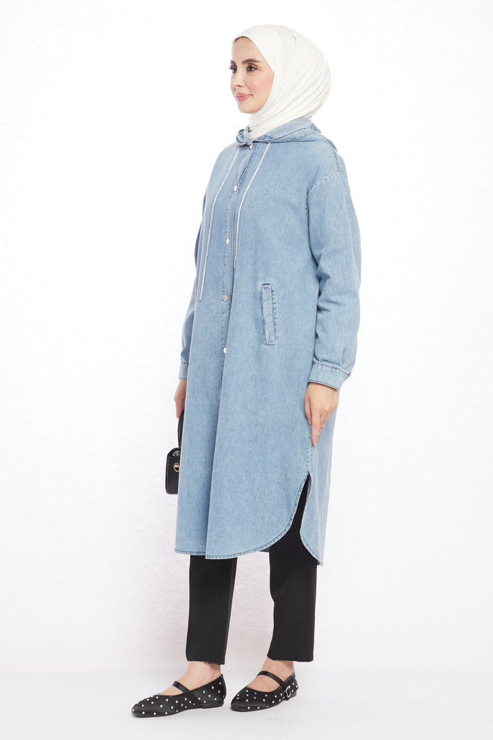 Taş Bağcık Detaylı Kapüşonlu Rahat Kesim Tunik