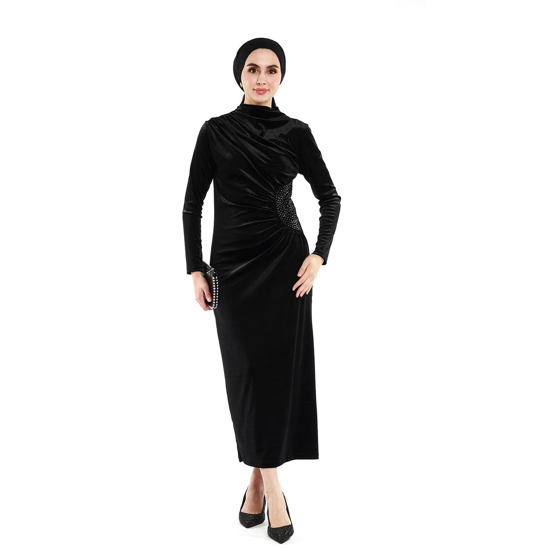 Pile ve Taş Detaylı Kadife Maxi Elbise ABACI Online Türkiye