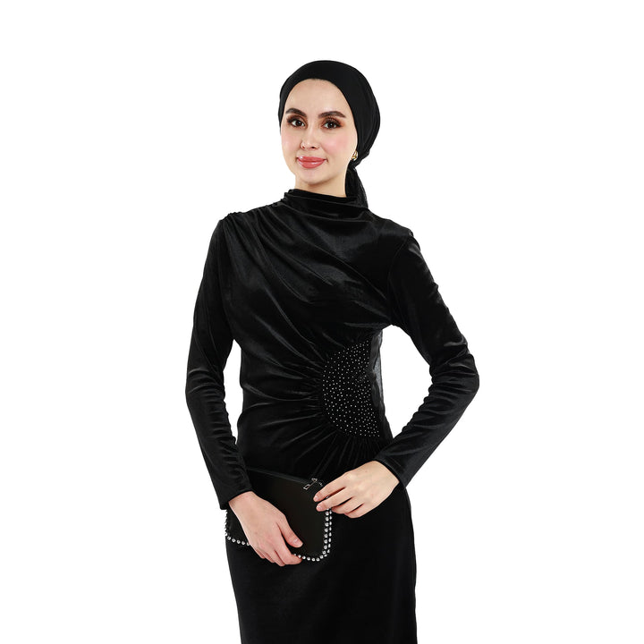 Pile ve Taş Detaylı Kadife Maxi Elbise ABACI Online Türkiye