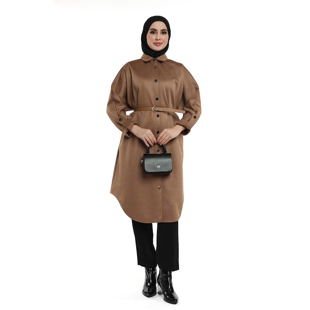 Kemerli Polo Yaka Düşük Kol Süet Tunik