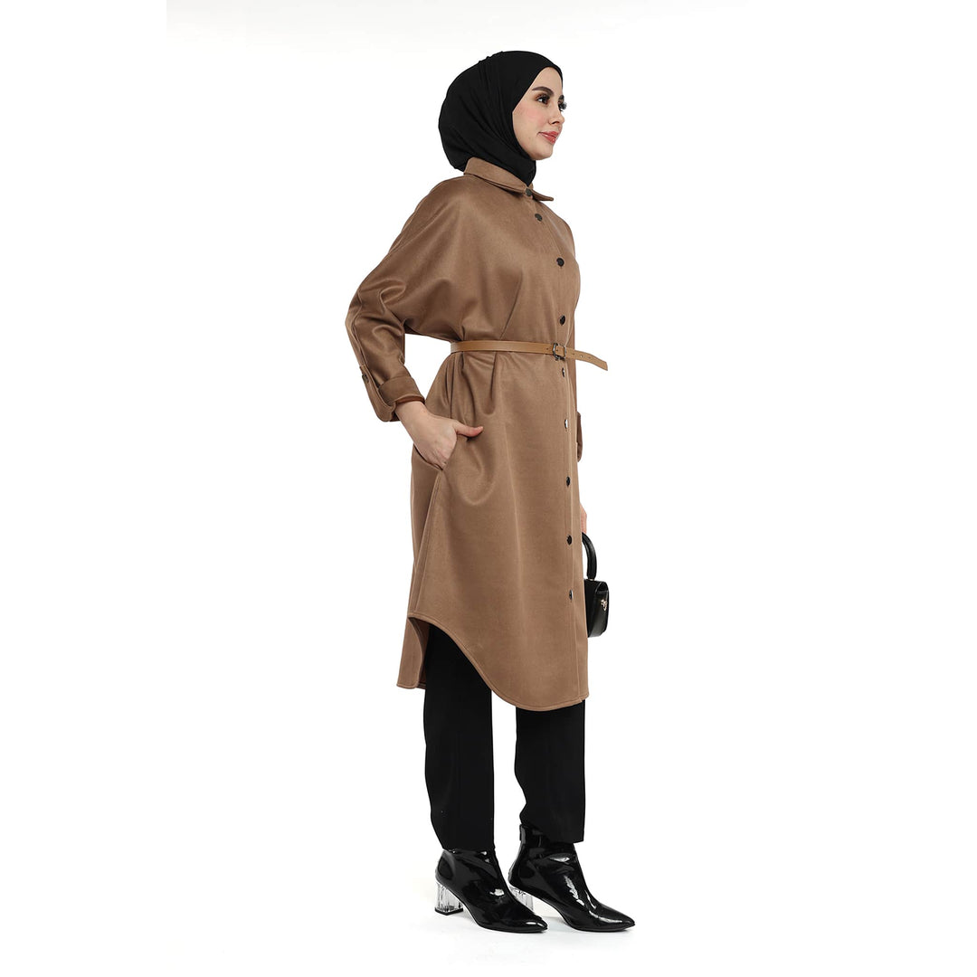 Kemerli Polo Yaka Düşük Kol Süet Tunik