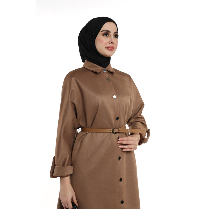 Kemerli Polo Yaka Düşük Kol Süet Tunik