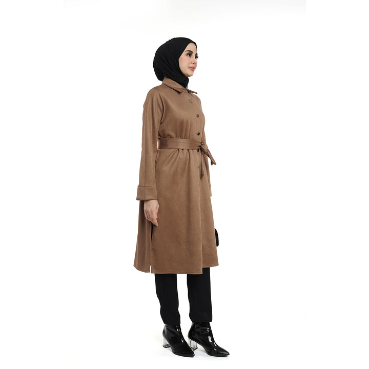 Metal Düğmeli Kemerli Polo Yaka Süet Tunik