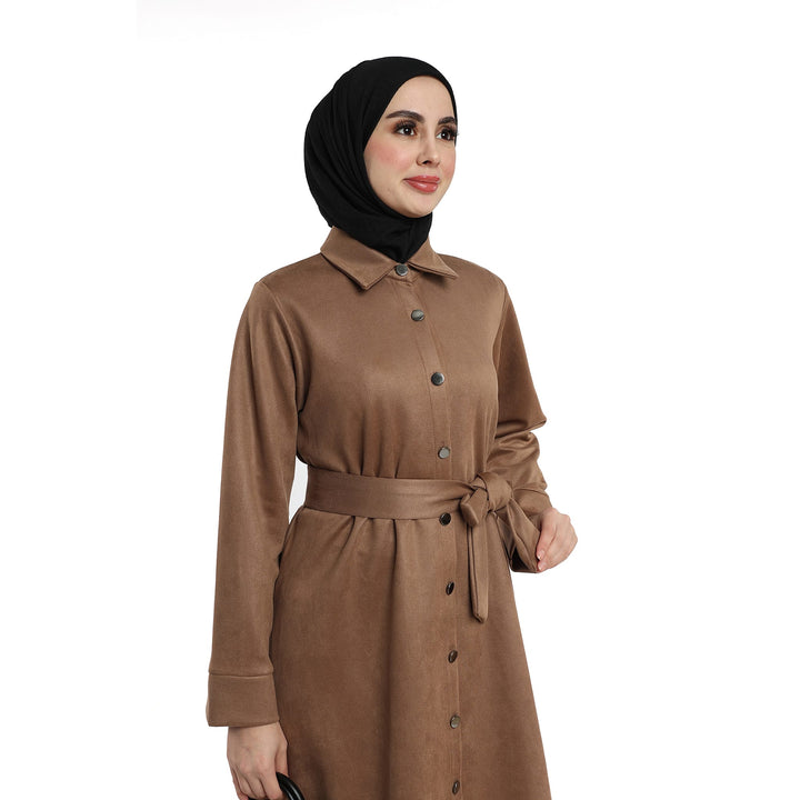 Metal Düğmeli Kemerli Polo Yaka Süet Tunik