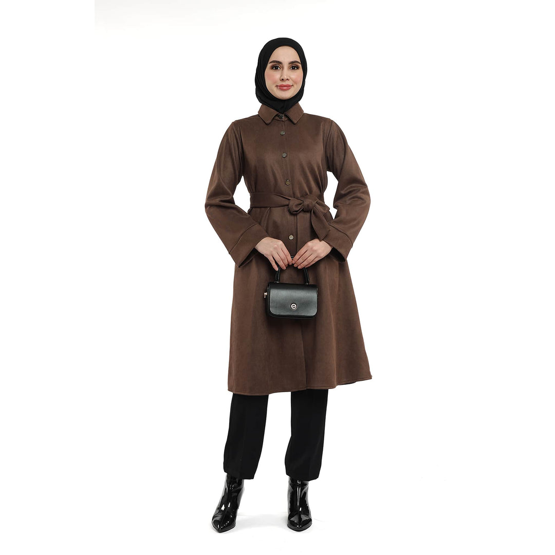 Metal Düğmeli Kemerli Polo Yaka Süet Tunik
