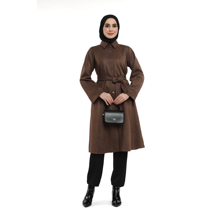 Metal Düğmeli Kemerli Polo Yaka Süet Tunik