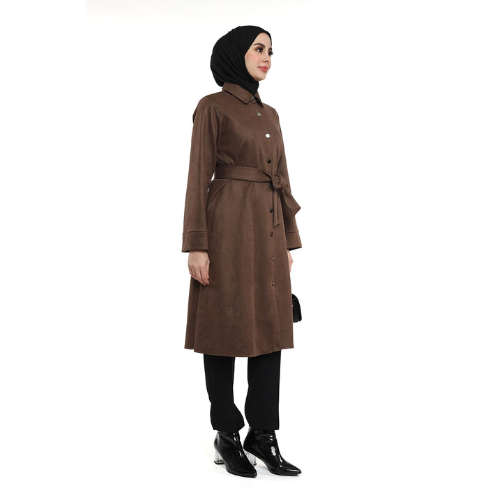 Metal Düğmeli Kemerli Polo Yaka Süet Tunik