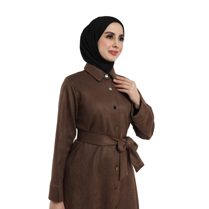 Metal Düğmeli Kemerli Polo Yaka Süet Tunik